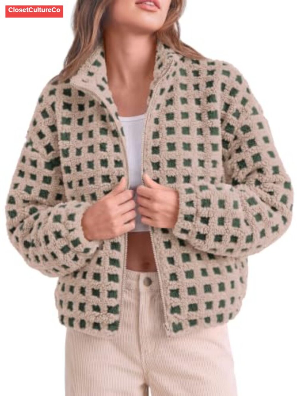 Sherpa Fleece Gingham Plaid Cropped Teddy Jacket Zip Front Women's